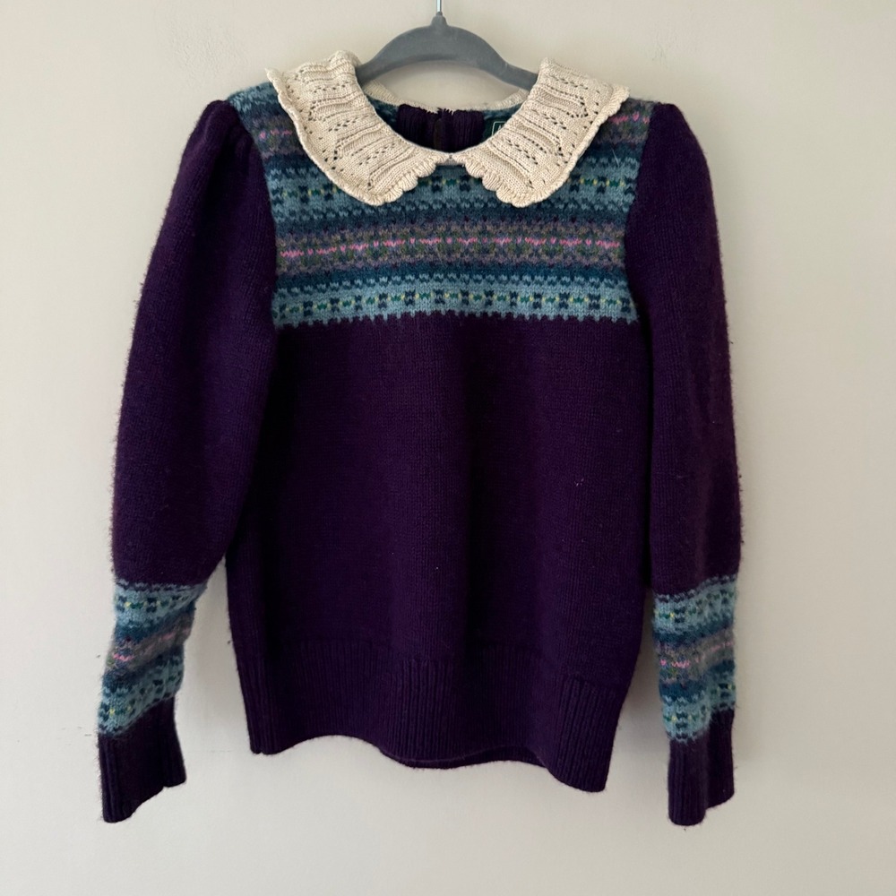 Polo Country Ralph Lauren‎ Purple Fair Isle Wool Sweater Crochet Collar Size 5